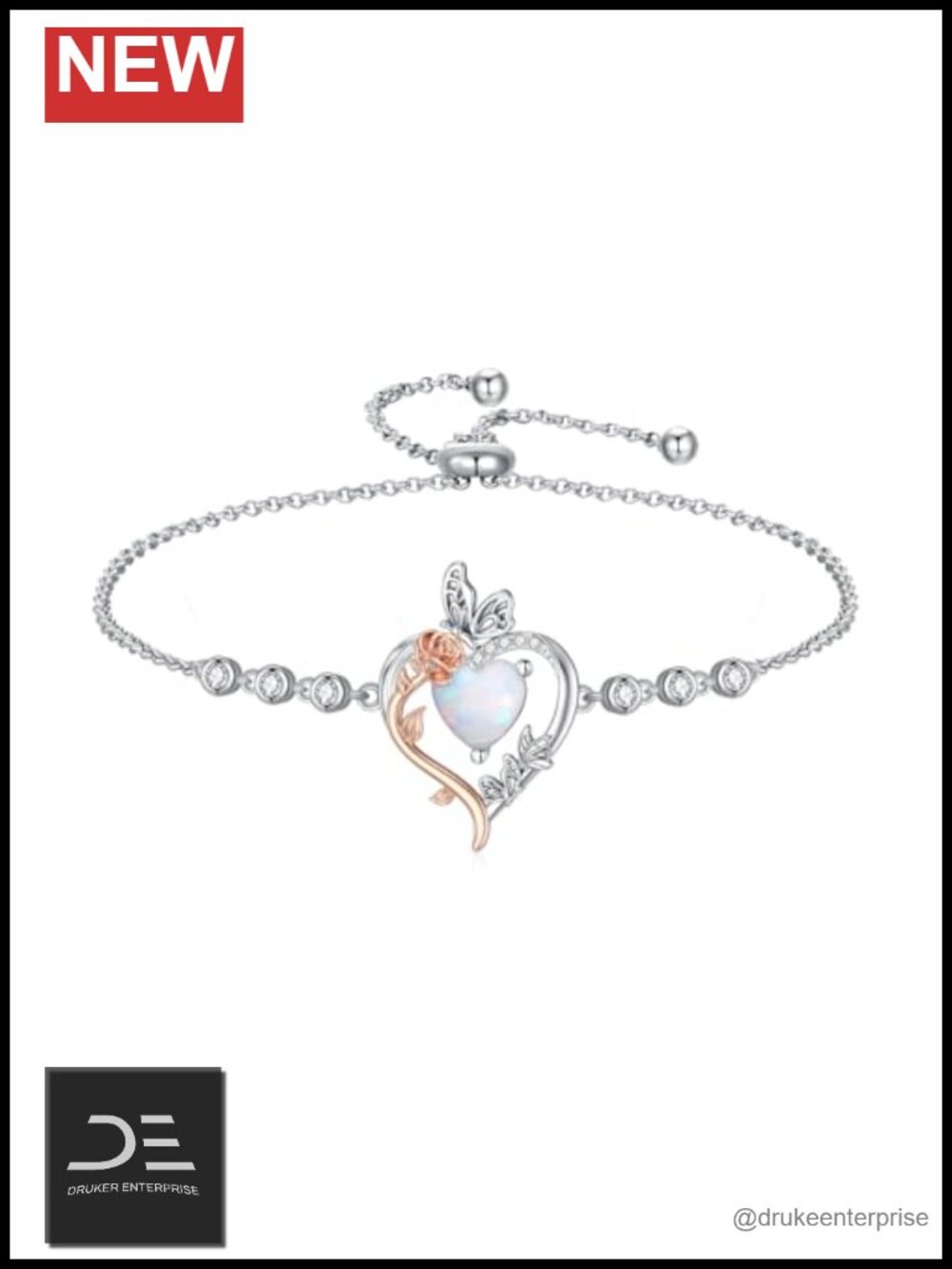 925 Sterling Silver Rose Heart Butterfly Birthstone Bracelet Adjustable Opal